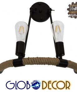 GloboStar® CROWN 01002 Vintage Industrial Φωτιστικό Τοίχου Απλίκα Δίφωτο Μαύρο Μεταλλικό με Μπεζ Σχοινί Μ21.5 x Π41 x Υ47cm