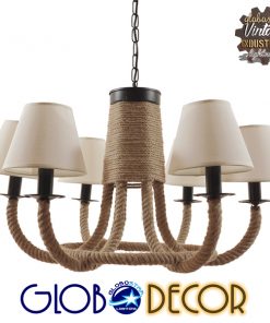 GloboStar® CLEMENTINE 01020 Vintage Industrial Κρεμαστό Φωτιστικό Οροφής Πολύφωτο Μαύρο Μεταλλικό Πολυέλαιος με Μπεζ Σχοινί Φ65 x Y45cm