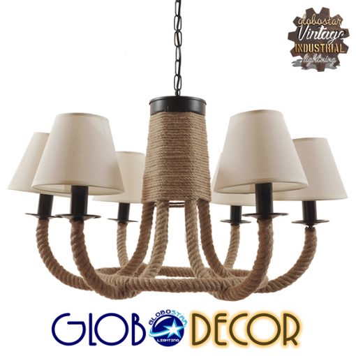 GloboStar® CLEMENTINE 01020 Vintage Industrial Κρεμαστό Φωτιστικό Οροφής Πολύφωτο Μαύρο Μεταλλικό Πολυέλαιος με Μπεζ Σχοινί Φ65 x Y45cm