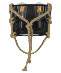 Alternative view of GloboStar® BARBOSA 01083 Vintage Industrial Φωτιστικό Τοίχου Απλίκα Δίφωτο Μαύρο Μεταλλικό Πλέγμα με Μπεζ Σχοινί Μ12 x Π19 x Υ28cm