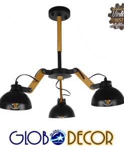 GloboStar® OLD SCHOOL 01093 Μοντέρνο Industrial Φωτιστικό Οροφής Τρίφωτο Μαύρο Μεταλλικό με Φυσικό Ξύλο Καμπάνα Φ75 x Y38cm