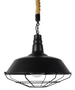 GloboStar® CRANE 01109 Vintage Industrial Κρεμαστό Φωτιστικό Οροφής Μονόφωτο Μαύρο Μεταλλικό Καμπάνα Πλέγμα με Μπεζ Σχοινί Φ36 x Y25cm 15 01109 3