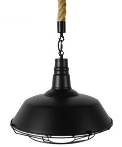 GloboStar® CRANE 01109 Vintage Industrial Κρεμαστό Φωτιστικό Οροφής Μονόφωτο Μαύρο Μεταλλικό Καμπάνα Πλέγμα με Μπεζ Σχοινί Φ36 x Y25cm 16 01109 4