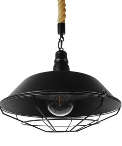 GloboStar® CRANE 01109 Vintage Industrial Κρεμαστό Φωτιστικό Οροφής Μονόφωτο Μαύρο Μεταλλικό Καμπάνα Πλέγμα με Μπεζ Σχοινί Φ36 x Y25cm 18 01109 6
