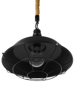 GloboStar® CRANE 01109 Vintage Industrial Κρεμαστό Φωτιστικό Οροφής Μονόφωτο Μαύρο Μεταλλικό Καμπάνα Πλέγμα με Μπεζ Σχοινί Φ36 x Y25cm 19 01109 7