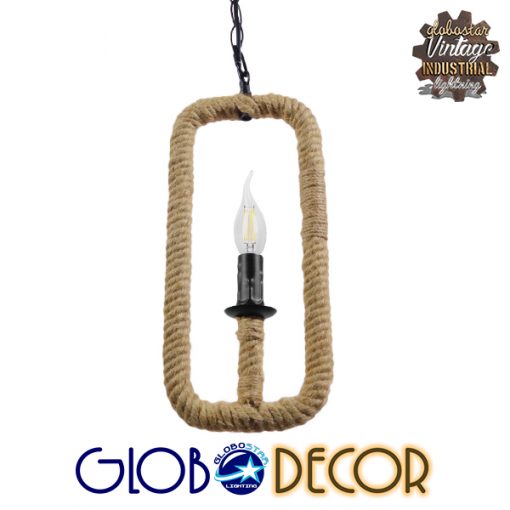 GloboStar® RABEL 01110 Vintage Industrial Κρεμαστό Φωτιστικό Οροφής Μονόφωτο Μαύρο Μεταλλικό με Μπεζ Σχοινί Φ18 x Y33cm