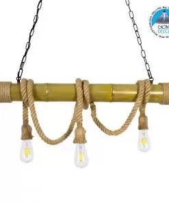 GloboStar® MAUI 01112 Vintage Κρεμαστό Φωτιστικό Οροφής Πολύφωτο Καφέ Ξύλινο Bamboo με Μπεζ Σχοινί Μ80 x Π10 x Υ72cm