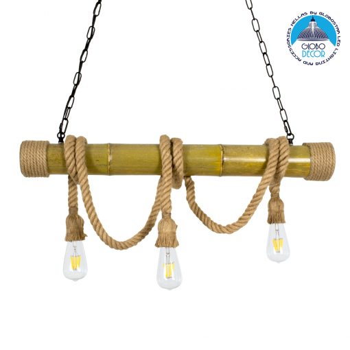 GloboStar® MAUI 01112 Vintage Κρεμαστό Φωτιστικό Οροφής Πολύφωτο Καφέ Ξύλινο Bamboo με Μπεζ Σχοινί Μ80 x Π10 x Υ72cm