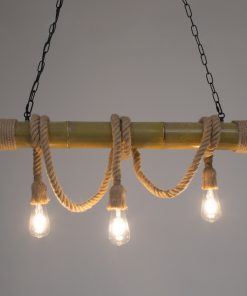 GloboStar® MAUI 01112 Vintage Κρεμαστό Φωτιστικό Οροφής Πολύφωτο Καφέ Ξύλινο Bamboo με Μπεζ Σχοινί Μ80 x Π10 x Υ72cm 13 01112 0002