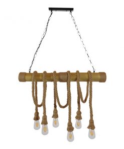 Alternative view of GloboStar® MAUI 01113 Vintage Κρεμαστό Φωτιστικό Οροφής Πολύφωτο Καφέ Ξύλινο Bamboo με Μπεζ Σχοινί Μ80 x Π14 x Υ75cm