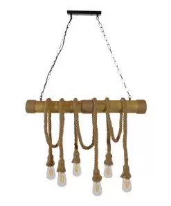 Alternative view of GloboStar® MAUI 01113 Vintage Κρεμαστό Φωτιστικό Οροφής Πολύφωτο Καφέ Ξύλινο Bamboo με Μπεζ Σχοινί Μ80 x Π14 x Υ75cm