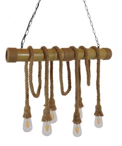 GloboStar® MAUI 01113 Vintage Κρεμαστό Φωτιστικό Οροφής Πολύφωτο Καφέ Ξύλινο Bamboo με Μπεζ Σχοινί Μ80 x Π14 x Υ75cm 10 01113 3
