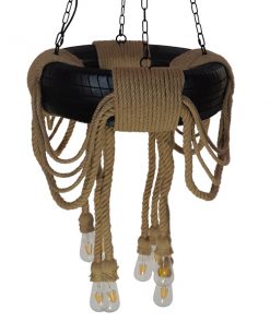 GloboStar® MARBELLA 01116 Vintage Industrial Κρεμαστό Φωτιστικό Οροφής Πολύφωτο Μαύρο με Μπεζ Σχοινι Φ60 x Y60cm 14 01116 3