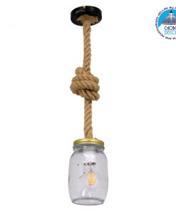 GloboStar® JAM 01128 Vintage Κρεμαστό Φωτιστικό Οροφής Μονόφωτο Γυάλινο με Μπεζ Σχοινί Φ11 x Y120cm