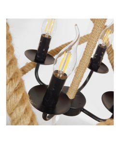 GloboStar® VITRUVIAN 01141 Vintage Κρεμαστό Φωτιστικό Οροφής Πολύφωτο Μαύρο Μεταλλικό Πολυέλαιος με Μπεζ Σχοινί Φ53 x Y52cm 15 01141 5