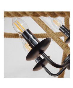GloboStar® VITRUVIAN 01141 Vintage Κρεμαστό Φωτιστικό Οροφής Πολύφωτο Μαύρο Μεταλλικό Πολυέλαιος με Μπεζ Σχοινί Φ53 x Y52cm 16 01141 6
