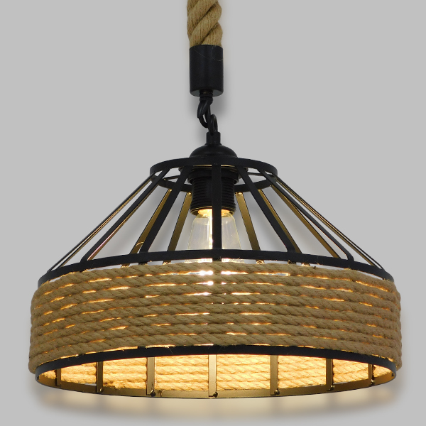 GloboStar® POLI 01146 Vintage Κρεμαστό Φωτιστικό Οροφής Μονόφωτο Μαύρο Μεταλλικό με Μπεζ Σχοινί Φ30 x Y18cm 4 GloboStar® POLI 01146 Vintage Κρεμαστό Φωτιστικό Οροφής Μονόφωτο Μαύρο Μεταλλικό με Μπεζ Σχοινί Φ30 x Y18cm - Image 2