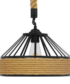 GloboStar® POLI 01146 Vintage Κρεμαστό Φωτιστικό Οροφής Μονόφωτο Μαύρο Μεταλλικό με Μπεζ Σχοινί Φ30 x Y18cm 14 01146 4