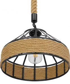 GloboStar® POLI 01146 Vintage Κρεμαστό Φωτιστικό Οροφής Μονόφωτο Μαύρο Μεταλλικό με Μπεζ Σχοινί Φ30 x Y18cm 16 01146 6
