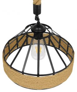GloboStar® POLI 01146 Vintage Κρεμαστό Φωτιστικό Οροφής Μονόφωτο Μαύρο Μεταλλικό με Μπεζ Σχοινί Φ30 x Y18cm 17 01146 7