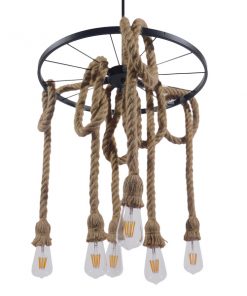 GloboStar® CHARIOT 01148 Vintage Κρεμαστό Φωτιστικό Οροφής Πολύφωτο Μαύρο με Μπεζ Σχοινί Φ55 x Y125cm 15 01148 5