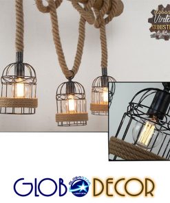 GloboStar® LILO 01149 Vintage Κρεμαστό Φωτιστικό Οροφής Τρίφωτο Καφέ Ξύλινο Bamboo με Μπεζ Σχοινί Μ80 x Π15 x Υ100cm 11 01149 2