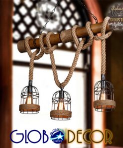 GloboStar® LILO 01149 Vintage Κρεμαστό Φωτιστικό Οροφής Τρίφωτο Καφέ Ξύλινο Bamboo με Μπεζ Σχοινί Μ80 x Π15 x Υ100cm 15 01149 6