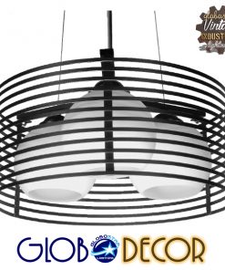 GloboStar® KEVIA 01150 Μοντέρνο Κρεμαστό Φωτιστικό Οροφής Τρίφωτο Μαύρο Μεταλλικό Πλέγμα με Καμπάνα απο Λευκό Γυαλί Φ40 x Y17.5cm