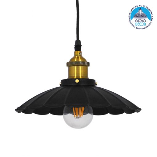 GloboStar® MARGARET 01166 Vintage Industrial Κρεμαστό Φωτιστικό Οροφής Μονόφωτο Μαύρο Μεταλλικό Καμπάνα Φ25 x Y15cm