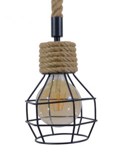 GloboStar® HELLET 01182 Vintage Industrial Κρεμαστό Φωτιστικό Οροφής Μονόφωτο Μαύρο Μεταλλικό Πλέγμα με Μπεζ Σχοινί Φ16 x Y25cm 15 01182 2