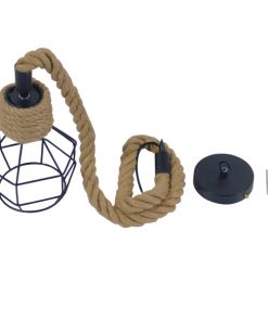 GloboStar® HELLET 01182 Vintage Industrial Κρεμαστό Φωτιστικό Οροφής Μονόφωτο Μαύρο Μεταλλικό Πλέγμα με Μπεζ Σχοινί Φ16 x Y25cm 19 01182 8