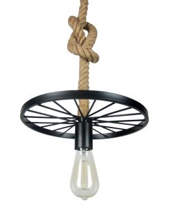 GloboStar® VELO 01185 Vintage Industrial Κρεμαστό Φωτιστικό Οροφής Μονόφωτο Μαύρο Μεταλλικό Πλέγμα με Μπεζ Σχοινί Φ30 x Y16cm 21 01185 006