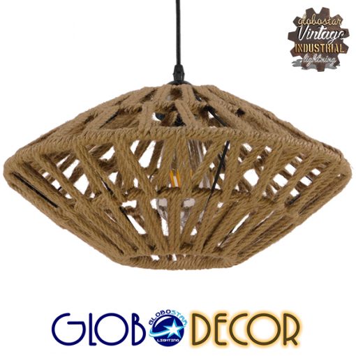 GloboStar® NATHLEN 01187 Vintage Κρεμαστό Φωτιστικό Οροφής Μονόφωτο Μαύρο Μεταλλικό Πλέγμα με Μπεζ Σχοινί Φ40 x Y20cm