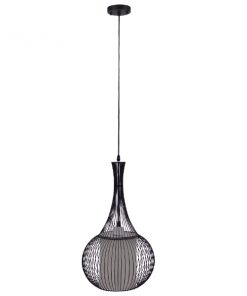 Alternative view of GloboStar® BERNA 01198 Μοντέρνο Κρεμαστό Φωτιστικό Οροφής Μονόφωτο Μαύρο Μεταλλικό Πλέγμα με Υφασμάτινο Εσωτερικό Καπέλο Φ30 x Y50cm