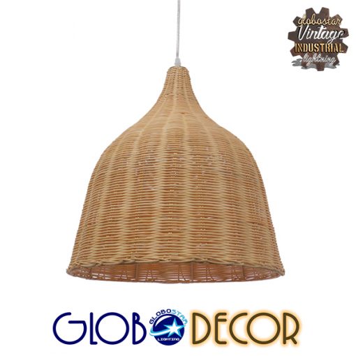 GloboStar® BAHAMAS 01203 Vintage Κρεμαστό Φωτιστικό Οροφής Μονόφωτο Μπεζ Ξύλινο Ψάθινο Bamboo Φ45 x Υ47cm