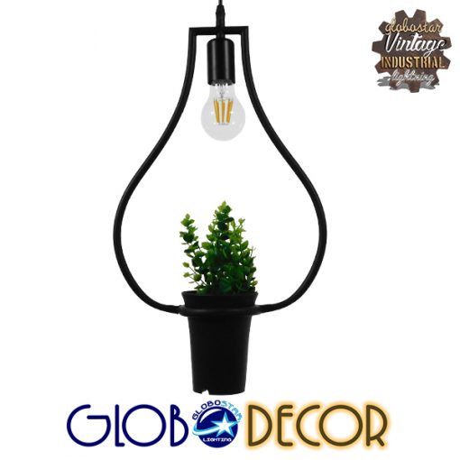 GloboStar® RHEXIA 01210 Μοντέρνο Κρεμαστό Φωτιστικό Οροφής Μονόφωτο Μαύρο Μεταλλικό Flowerpot Φ27 x Y40cm