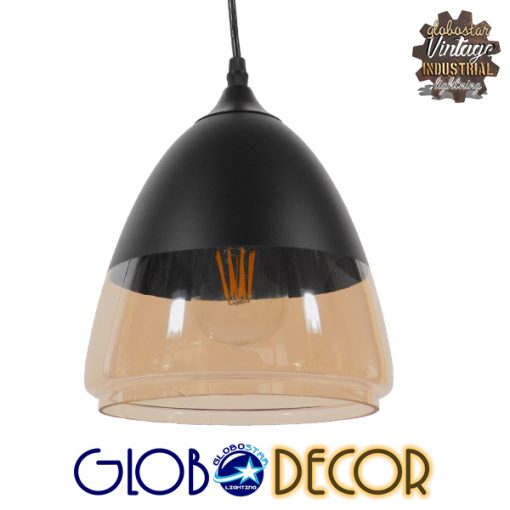 GloboStar® GADIEL 01231 Vintage Κρεμαστό Φωτιστικό Οροφής Μονόφωτο Μαύρο Μεταλλικό με Γυαλί Καμπάνα Φ20 x Y21cm