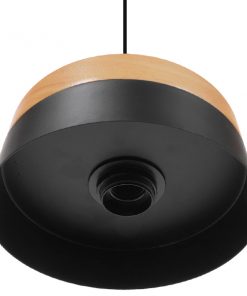 GloboStar® RUHIEL 01233 Μοντέρνο Κρεμαστό Φωτιστικό Οροφής Μονόφωτο Μαύρο Μεταλλικό με Φυσικό Ξύλο Καμπάνα Φ18 x Y12cm 17 01233 008