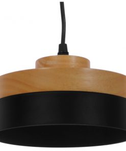 GloboStar® RUHIEL 01233 Μοντέρνο Κρεμαστό Φωτιστικό Οροφής Μονόφωτο Μαύρο Μεταλλικό με Φυσικό Ξύλο Καμπάνα Φ18 x Y12cm 15 01233 009