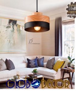 GloboStar® RUHIEL 01233 Μοντέρνο Κρεμαστό Φωτιστικό Οροφής Μονόφωτο Μαύρο Μεταλλικό με Φυσικό Ξύλο Καμπάνα Φ18 x Y12cm 21 01233 2