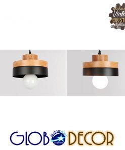 GloboStar® RUHIEL 01233 Μοντέρνο Κρεμαστό Φωτιστικό Οροφής Μονόφωτο Μαύρο Μεταλλικό με Φυσικό Ξύλο Καμπάνα Φ18 x Y12cm 20 01233 3