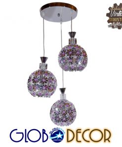 GloboStar® BOUQUET 01248 Μοντέρνο Κρεμαστό Φωτιστικό Οροφής Τρίφωτο Ασημί Μεταλλικό με Κρύσταλλα Φ50 x 24cm
