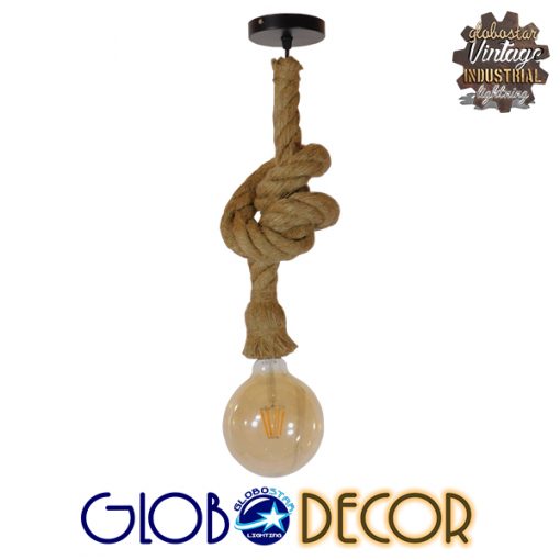 GloboStar® ROPE 01278 Vintage Industrial Κρεμαστό Φωτιστικό Οροφής Μονόφωτο με 1 μέτρο Μπεζ Σχοινί Φ3.5 x 100cm