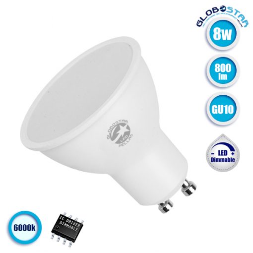 Λάμπα LED Σποτ GU10 8W 230V 800lm 120° Ψυχρό Λευκό 6000k Dimmable GloboStar 01757