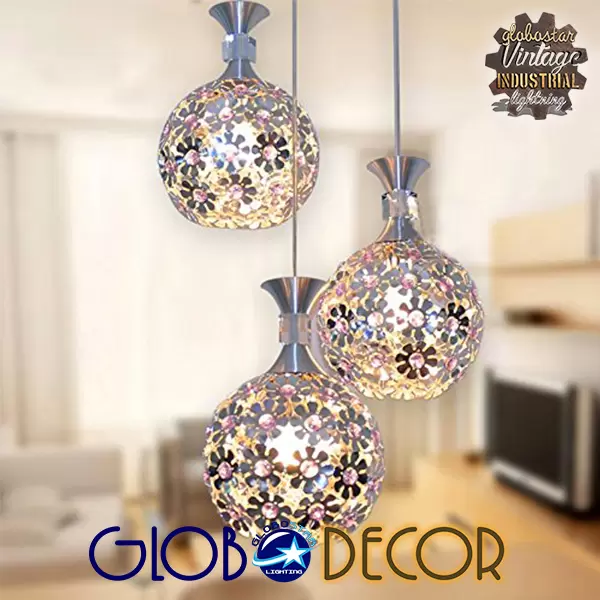 GloboStar® ILLUME 01249 Μοντέρνο Κρεμαστό Φωτιστικό Οροφής Τρίφωτο Ασημί Μεταλλικό με Κρύσταλλα Μ64 x Π18 x Υ24cm - Image 4