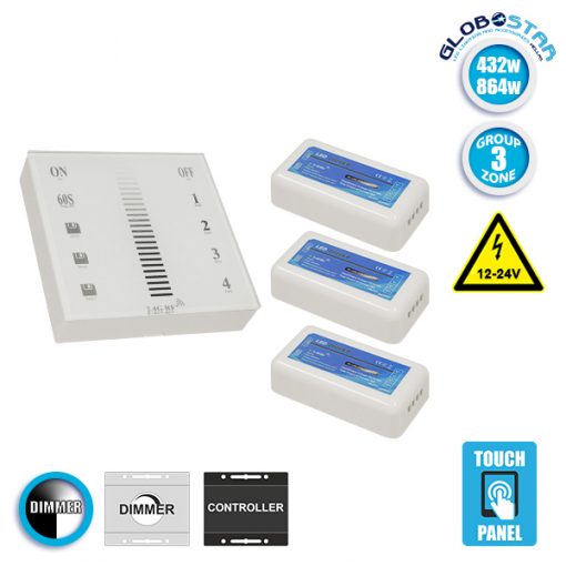 Ασύρματο LED Dimmer Τοίχου Αφής 2.4G RF για Τρια Groups 12v (432w) - 24v (864w) DC GloboStar 04047