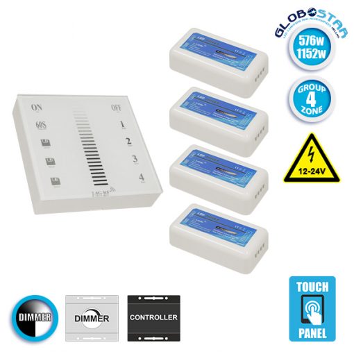 Ασύρματο LED Dimmer Τοίχου Αφής 2.4G RF για Τέσσερα Groups 12v (576w) - 24v (1152w) DC GloboStar 04048