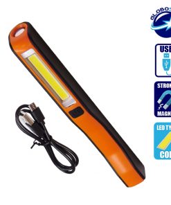 Φορητός Φακός Επαναφορτιζόμενος με Μπαταρίες PEN COB LED και Φορτιστή USB Πορτοκαλί Χρώμα GloboStar 07006