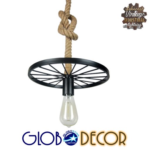 GloboStar® VELO 01185 Vintage Industrial Κρεμαστό Φωτιστικό Οροφής Μονόφωτο Μαύρο Μεταλλικό Πλέγμα με Μπεζ Σχοινί Φ30 x Y16cm