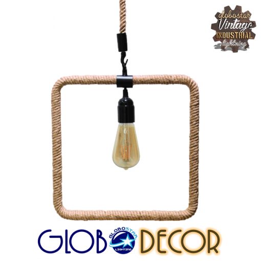 GloboStar® PROSPERA 01240 Vintage Industrial Κρεμαστό Φωτιστικό Οροφής Μονόφωτο Μαύρο Μεταλλικό με Μπεζ Σχοινί Μ33 x Π22 x Υ33cm